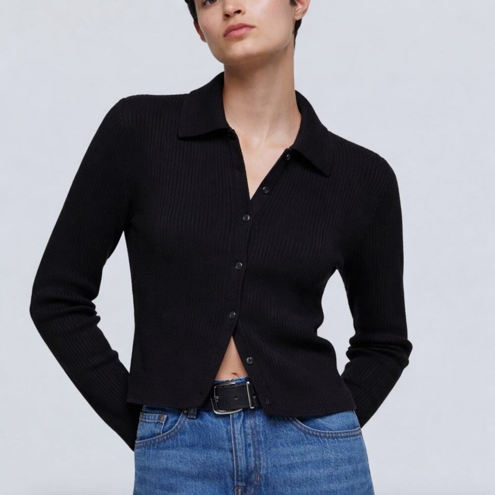 MADEWELL Curved Hem Polo Cardigan Sweater Black Medium M